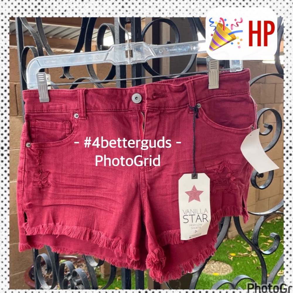 New Vanilla Star High Low Shortie Chili Pepper Red Jean Denim Frayed Shorts Sz 7